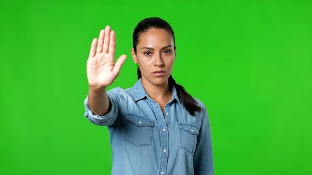 Woman Shows Stop Sign: Green Screen Footage for Video Editing