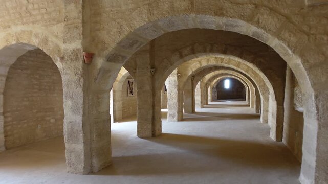 Walking through corridors the Ribat of Sousse, an important historic landmark and popular tourist attraction in Tunisia
