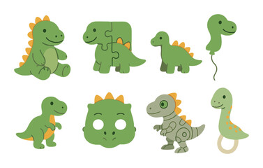 Fototapeta premium Cute green dinosaur collection with puzzle and balloon variations on soft green background