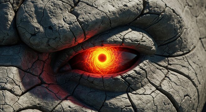 Intense cracked stone eye staring with a blazing orange iris. Perfect for fantasy art, Halloween, monster design, or epic movie posters. Eye of the beholder concept.