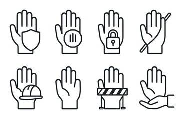Obraz premium Hand safety icons in dark vector set for industrial and security applications