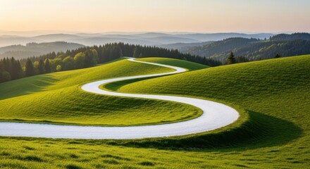 Scenic winding path through rolling green hills at sunrise