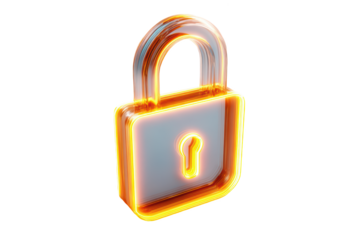 Glowing, transparent padlock icon with a keyhole, set against a black background