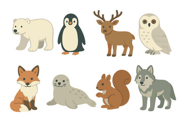 Collection of cute arctic and forest animals: bear, penguin, deer, owl, fox, seal, squirrel, wolf