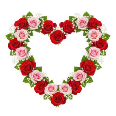 Heartshaped arrangement of red and pink roses isolated on transparent background