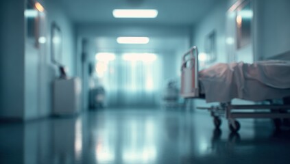 Blurred hospital hallway with bed