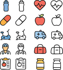 Health Wellness and Medical Fitness Icons Set.