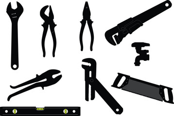 Hand tools silhouette vector set, wrench, pliers, saw, pipe wrench, level tool, plumbing equipment, construction tools, repair instruments, industrial hardware, mechanical work illustration