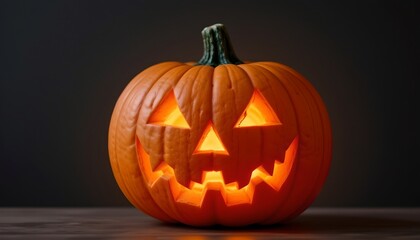 In a dimly lit setting, a vibrant orange carved gourd is prominently displayed