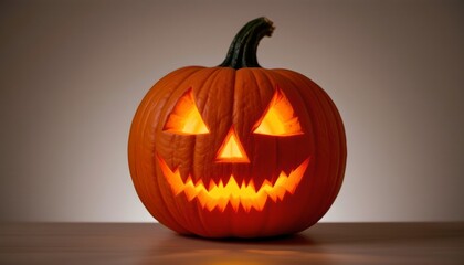 Obraz premium The image shows a carved orange gourd sitting on a wooden surface, lit from within