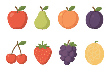 Vibrant collection of colorful fruits: apple, pear, peach, plum, cherry, strawberry, grapes, melon