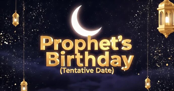 Prophet's Birthday celebration with golden text, crescent moon, and hanging lanterns on a starry night.