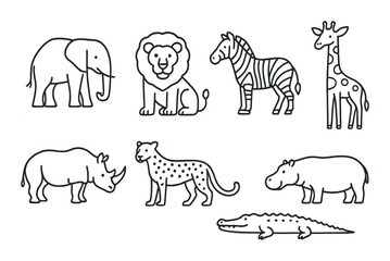 Cartoon safari animals: elephant, lion, zebra, giraffe, rhino, cheetah, hippo, crocodile