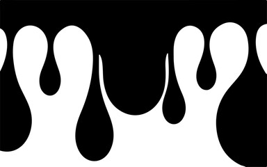A vector illustration of black liquid dripping, forming various sizes of droplets against a white background. 