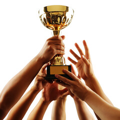 Many hands holding up a golden trophy isolated on transparent background