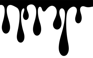A vector illustration of black liquid dripping, forming various sizes of droplets against a white background. 