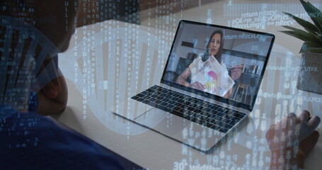 Showing laptop instructor in blouse pointing to color coded graph at home, with pen, notepad, plant