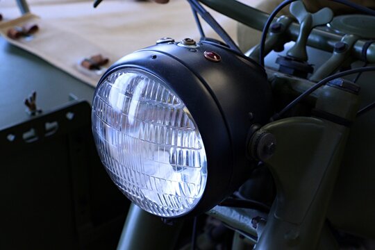 Motorcycle headlight close up, WWII motorcycle