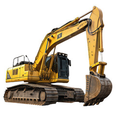 Heavy modern yellow digger excavator isolated on a transparent background png construction machine earthmover industrial equipment png large yellow vehicle png digging machinery png heavy-duty digger 