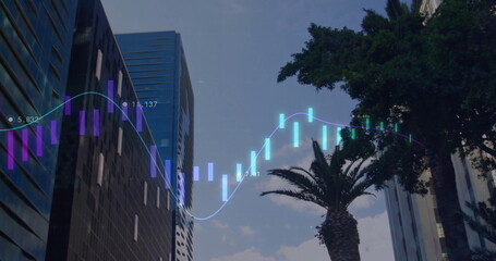 Naklejka premium Displaying mature palm tree centering downtown street, with skyscrapers and candlestick bars