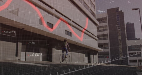 Cycling woman wearing backpack pedaling uphill along building ramp, with data graph overlay