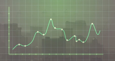Displaying green grid overlaying hazy city skyline, with line chart curve, data markers and axes