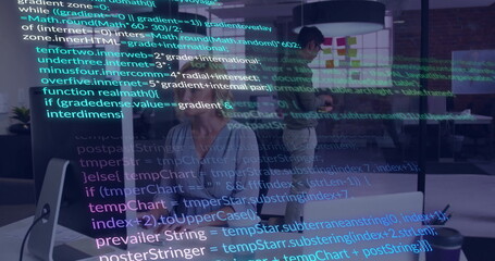 Typing code middle-aged female developer in blouse at office with desktop monitor and code overlay