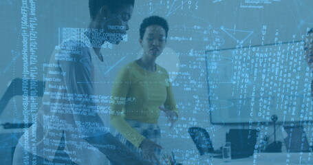 Four professional women analyzing data on laptops in modern office meeting room, with code overlay
