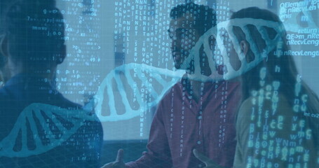 Analyzing colleagues in work clothes reviewing at office meeting with DNA projections on glass wall