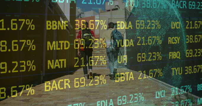 Walking two friends carrying backpacks along outdoor wooden walkway, with digital data overlay - Powered by Adobe