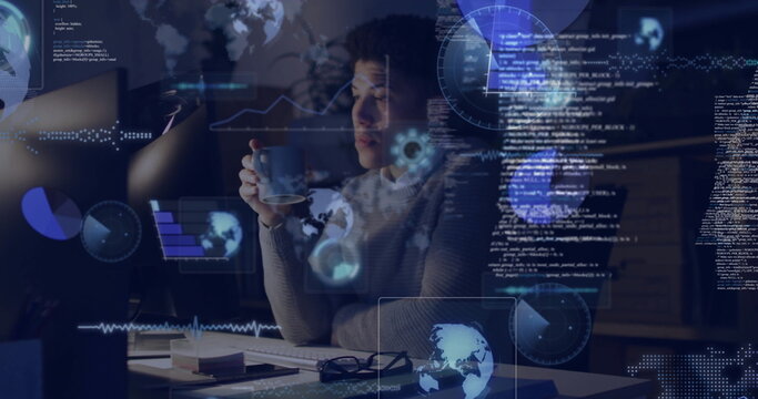 Analyzing code man wearing sweater sipping coffee at monitor in home office with HUD overlays