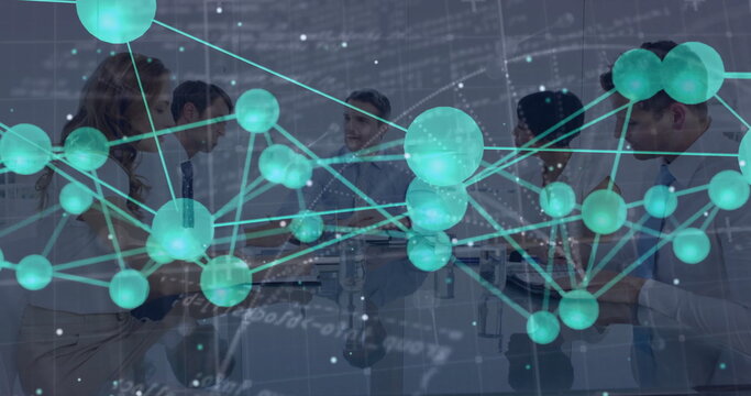 Business team analyzing network data overlay in conference room, with laptops and tablet computer