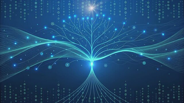 Digital tree of life with glowing branches and binary code particles on a dark background technology