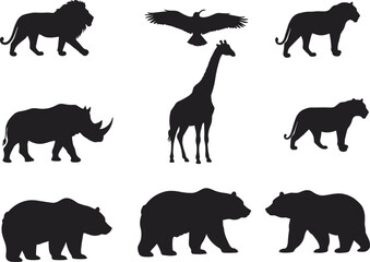 Wild animal silhouette vector set, lion, tiger, bear, giraffe, rhino, eagle, jungle wildlife, safari animals, black icons, nature illustration, zoo design elements