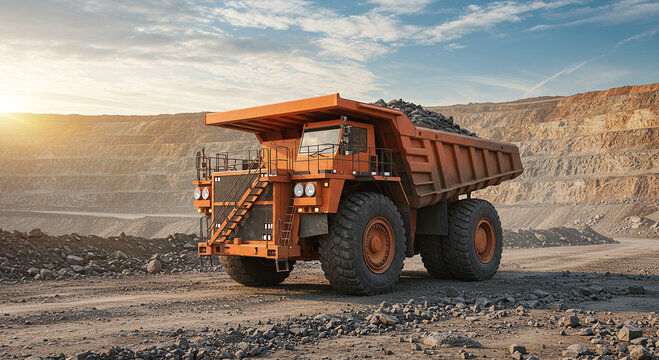 Massive orange dump truck loaded with rocks in open pit mine