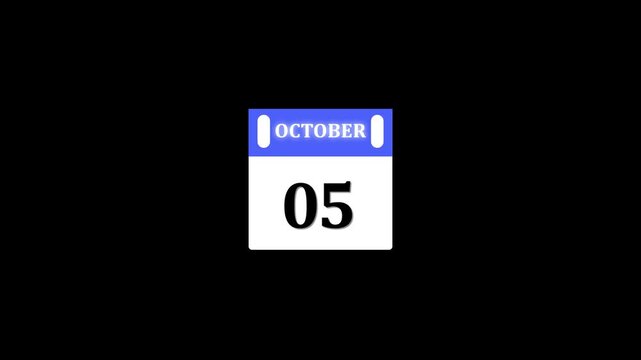 5 October Banner Animation , 5 October calendar animation with transparent screen background. 4k video animation 