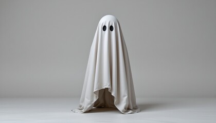 The central subject is an individual shrouded in a light colored cloth, resembling a supernatural being
