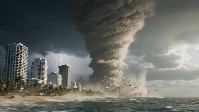 A massive and destructive tornado or hurricane makes landfall on a beach and hits a modern coastal city with skyscrapers under a dark and stormy sky