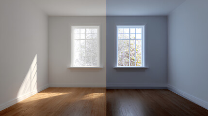 Fototapeta premium Simple room comparison showing plain walls versus freshly painted walls with natural light.