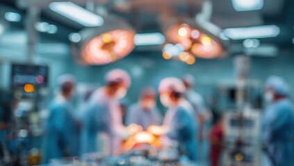 Blurred view of a surgical operation in progress.  Surgical team working