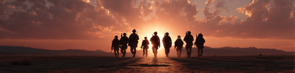 Silhouette of soldiers marching at sunset