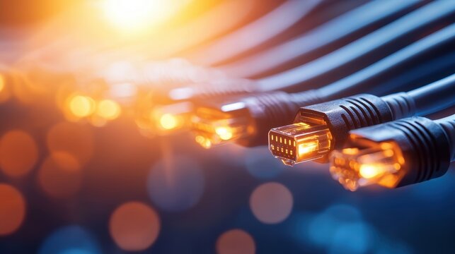 Optic High tech network server room with optic cables glowing in the background.