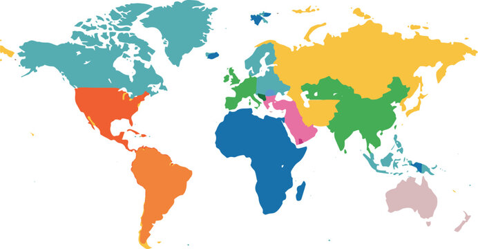 A stylized world map showcasing different regions in various colors. Useful for presentations, educational materials, or travel-related projects.