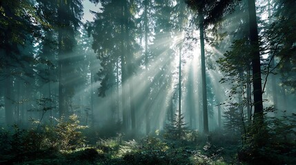 Obraz premium Sunlit Forest Canopy: The majestic sun's rays cascade through a dense forest canopy, illuminating a serene and atmospheric wilderness landscape.