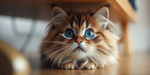 Adorable fluffy ginger cat with striking blue eyes peeking out from under a wooden table