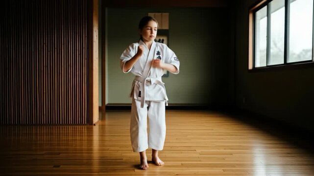 A focused and disciplined young girl in a white karate uniform practices a fighting stance with her fists ready during a martial arts class in a traditional dojo
