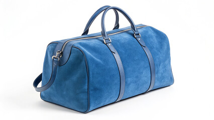 Naklejka premium Blue suede duffel bag sits on white. Modern, stylish, use for product staging, blog posts, web banners.