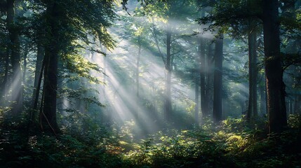 Obraz premium Sunlit Forest Serenity: Sunlight streams through a lush forest canopy, illuminating the ancient trees. A tranquil scene perfect for showcasing nature's beauty.