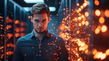 Firewall Hacker attempting to breach a firewall with encrypted data defenses.