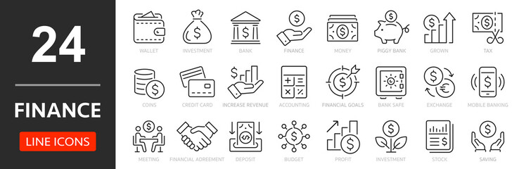 Finance thin line icon set. Saving, increasing and spending finances. Payments elements, budget, loan, bank, deposit, money, profit, piggy bank - stock vector.